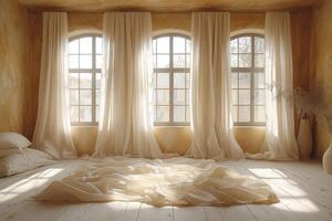 Serene sunlit room with sheer curtains and fabric photo