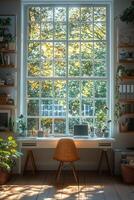 Sunlit Workspace Near Large Window With Plants photo
