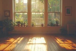 Sunlight streams through a large window illuminating a wooden floor photo