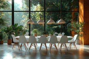 Modern Dining Room With Large Window and Lush Greenery photo