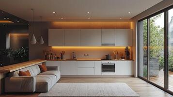 Modern Kitchen Design with Integrated Sofa and Large Window photo