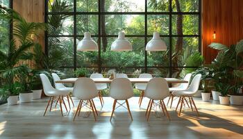 Modern Dining Room With Lush Greenery And Natural Light photo