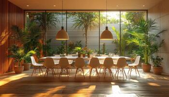 Sunlit Dining Room With Tropical Plants And Modern Chairs photo