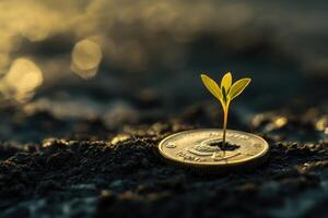 Young Sprout Emerging From Golden Coin In Soil photo
