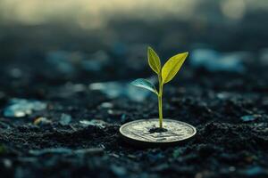 A young plant sprouts from a coin in dark soil photo