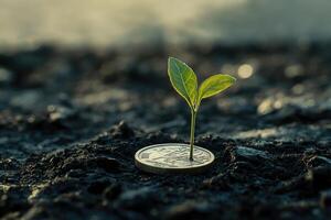 Young Plant Sprouting From A Coin In Dark Soil photo