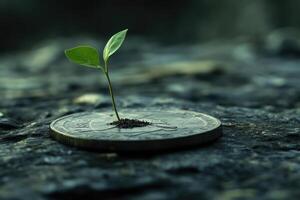 A Tiny Sprout Emerging From A Coin photo