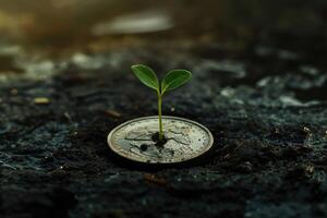 Young Sprout Growing From A Coin In Dark Soil photo