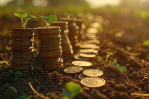 Seedlings growing from stacks of golden coins in soil photo