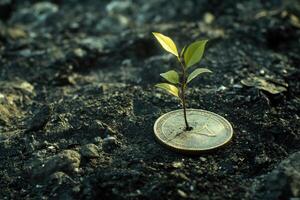 A young plant sprouts from a weathered coin in dark soil photo