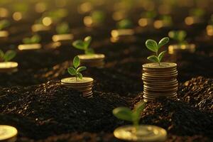 Young Plants Sprouting From Stacks Of Gold Coins photo