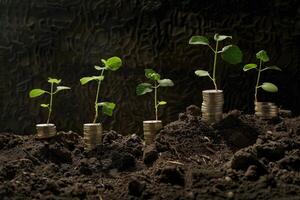 Growing Plants From Stacks Of Coins In Soil photo