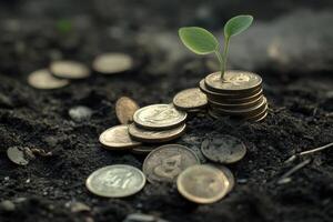 A seedling sprouts from a stack of coins in soil photo