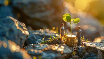 Miniature Figures Observe Growing Plant on Coins photo