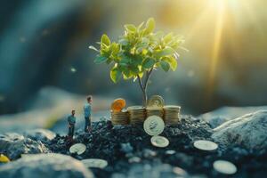 Miniature Figures Observe Growing Money Tree photo