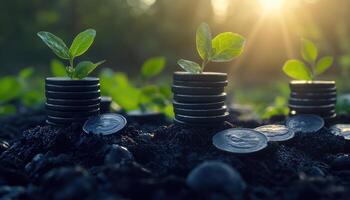 Growing plants sprout from stacks of coins in soil photo