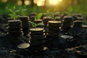 Plants Growing From Stacks Of Coins photo