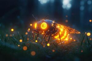 Luminous Robotic Insect in Night Grassland photo