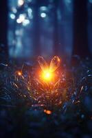 Luminous Firefly Wings Glowing In Dark Forest Grass photo