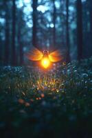 Luminous Firefly Glowing In Dark Forest Night photo