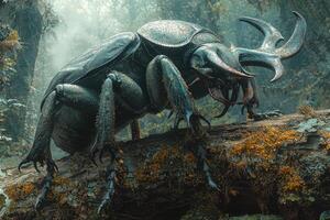 Gigantic beetle crawls on mossy forest log photo