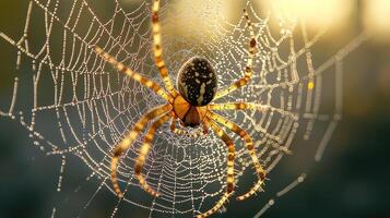 Dewdrop Covered Spiderweb With A Spider In The Center photo