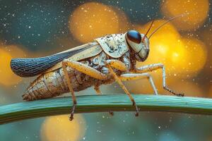 Grasshopper perched on a blade of grass in a bokeh background photo