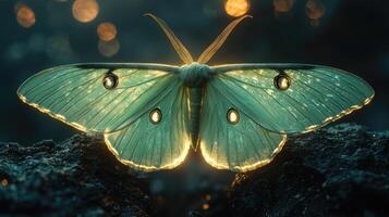 Luna Moth Illuminated Against Dark Rocks photo