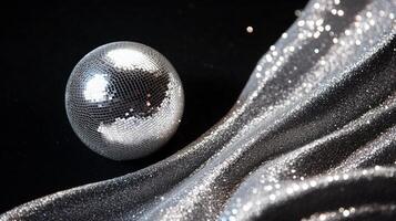 Shiny silver disco ball on left, sparkling black background photo