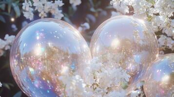 Three shiny balloons are sitting on a flower photo