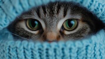 A cat peeking out from under a blue knitted hat photo