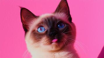 A siamese cat with blue eyes is looking up at the camera photo
