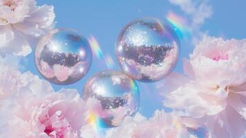 Three shiny balls are floating in the air photo