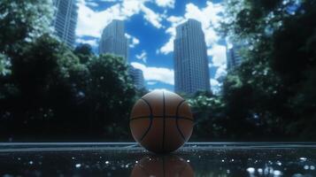 Basketball ball on the ground in front of tall buildings photo