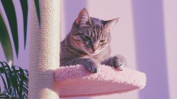 A cat laying on a pink scratching post photo
