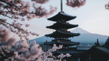 Japanese pagoda in cherry blossom photo