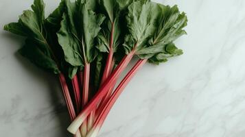 A bunch of fresh green rhubarb on a white marble surface photo