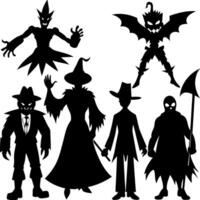 Halloween Characters Silhouettes with Bats vector