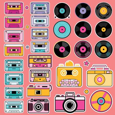 Colorful retro sticker set with cassette tapes, vinyl records, and vintage cameras in bright pop-art style. Perfect for nostalgic designs, scrapbooking, or creative branding.