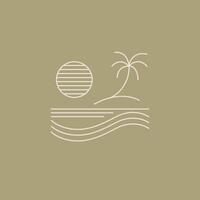 Clean and elegant linear landscape design featuring tropical elements like a palm, ocean waves, and a house under the sun. Ideal for sustainable living themes and nature-inspired visuals. vector