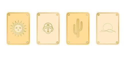 Set of four golden tarot or oracle cards featuring celestial and desert motifs. Elegant designs perfect for mystical readings, spiritual gifts, and boho-inspired collections. vector