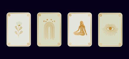Stylized retro set of abstract nature tarot cards featuring a flower, girl in lotus pose, third eye, and rainbow designs in earthy tones. Perfect for boho prints, stickers, and branding project vector