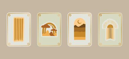 Stylized retro set of abstract nature stickers featuring mushrooms, landscapes, the moon, and sunburst designs in earthy tones. Great for boho prints, stickers, or branding. vector