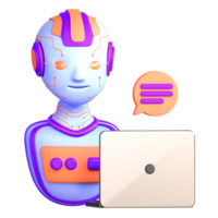 A robot with a laptop and speech bubbles png