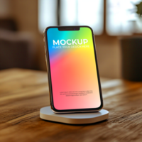 Smartphone Mockup Vibrant Gradient Display on Wireless Charger Perfect for App Presentation UIUX Design psd