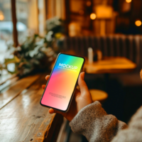 Vibrant Smartphone Display Colorful Gradient Screen in Cozy Cafe Setting psd