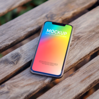 Phone X Mockup Vibrant Gradient Display on Rustic Wooden Bench Perfect for App Presentation or Website Showcase psd