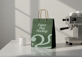 A green paper bag mockup sits on a table next to a coffee machine and a small creamer psd