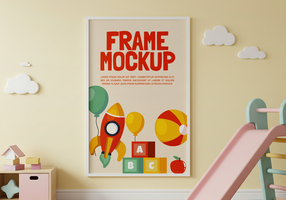 A colorful frame mockup featuring a rocket balloons and alphabet blocks in a child s playroom psd