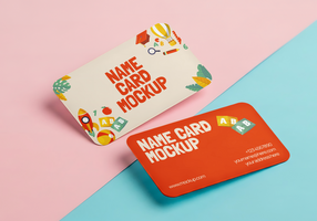 Two colorful name card mockups one featuring playful illustrations and the other a clean minimalist design psd